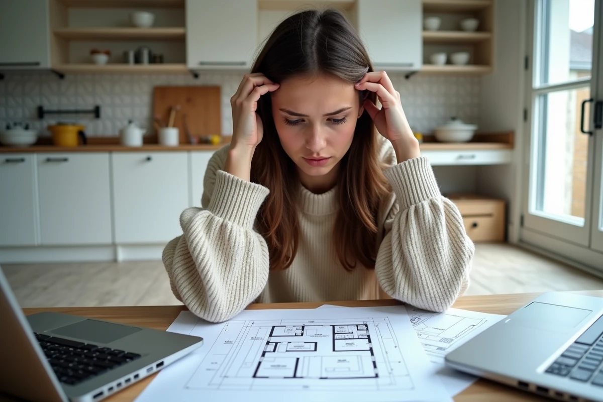 Jeune femme analysant un plan de renovation intérieur