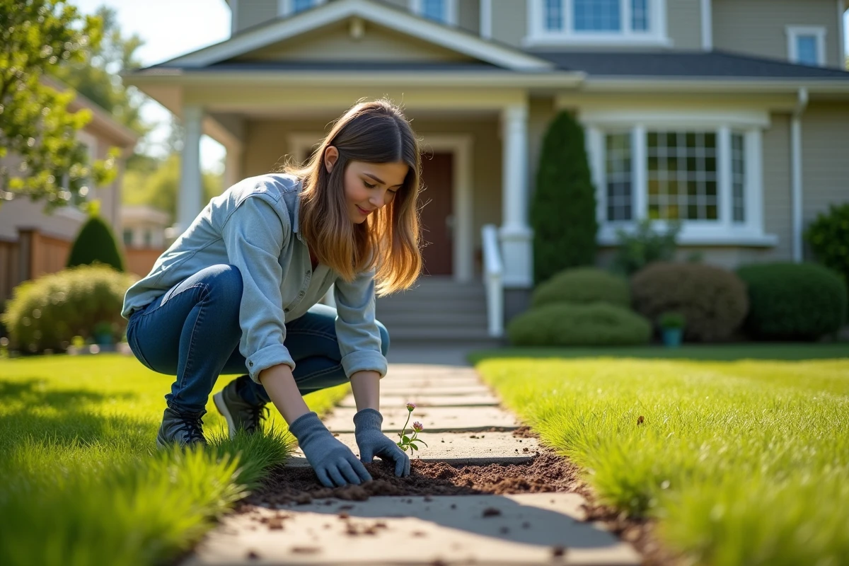Femme plantant des fleurs dans le jardin