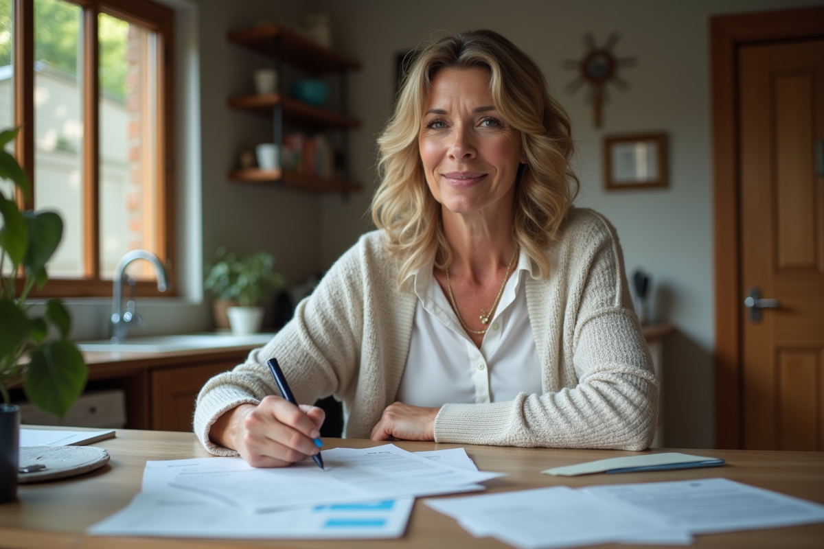 Femme d'âge moyen remplissant des papiers à la maison