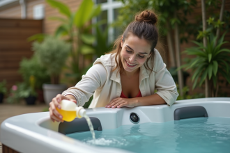 Femme versant solution de nettoyage dans un spa extérieur