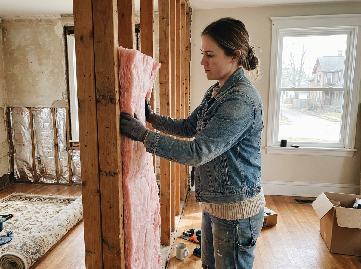 Femme appliquant isolation dans maison en renovation