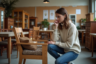 Femme examinant une chaise en bois dans une association de meubles
