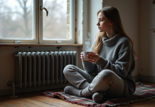 Isolation maison : astuces pour rester au chaud en hiver dans un logement mal isolé Jeune femme en pull gris chaud regardant par la fenêtre