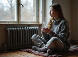 Isolation maison : astuces pour rester au chaud en hiver dans un logement mal isolé Jeune femme en pull gris chaud regardant par la fenêtre