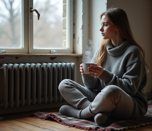Isolation maison : astuces pour rester au chaud en hiver dans un logement mal isolé Jeune femme en pull gris chaud regardant par la fenêtre