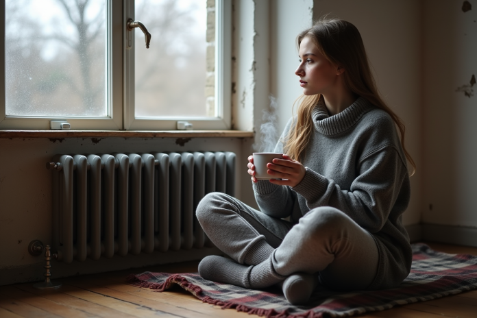 femme-salle-chaleureuse Jeune femme en pull gris chaud regardant par la fenêtre