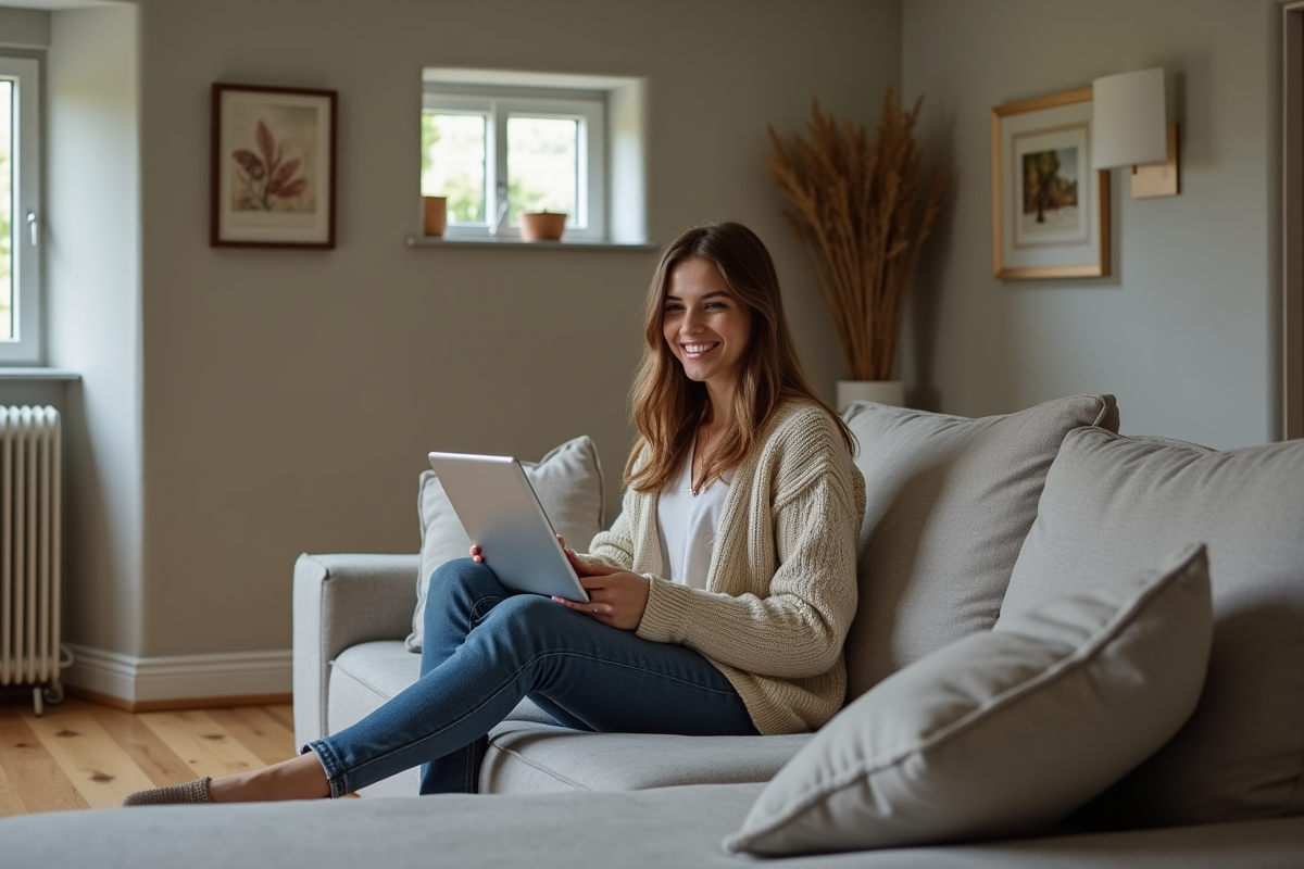 Jeune femme souriante lisant sur un canapé dans un sous-sol moderne