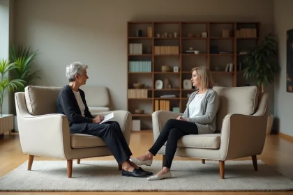 Femme examine deux canapes modernes dans un salon lumineux
