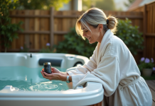 Filtration spa : quand et comment la faire tourner ? Femme inspectant le système de filtration d'un spa extérieur
