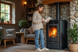 Femme inspectant un poêle à granulés dans un salon chaleureux