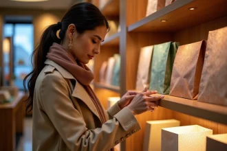 Femme élégante choisissant un sac cadeau dans une boutique