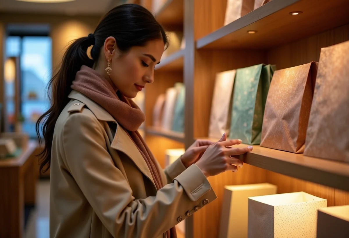 Femme élégante choisissant un sac cadeau dans une boutique