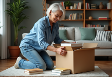Femme d'âge moyen trie des livres dans un salon organisé