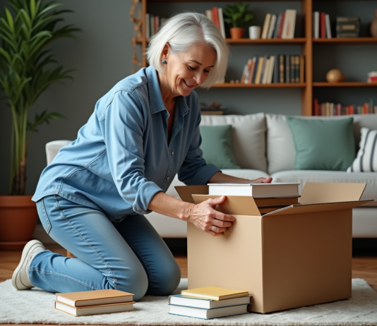 Ranger livres cartons : astuces et conseils pour optimiser l’espace Femme d'âge moyen trie des livres dans un salon organisé