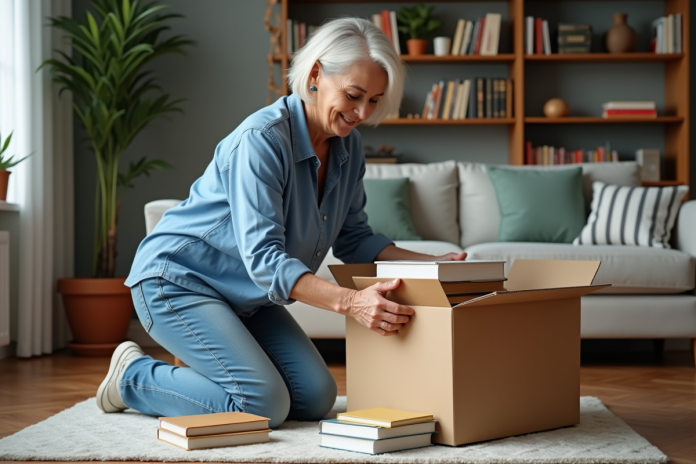 femme-tri-livres-salon Femme d'âge moyen trie des livres dans un salon organisé