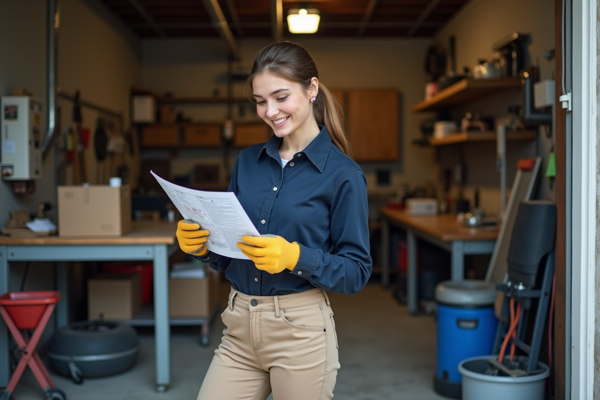 Jeune femme examinant un guide de codes électriques dans un garage