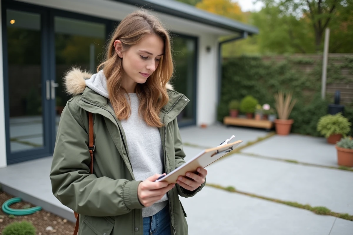 Femme vérifiant une terrasse en béton terminée