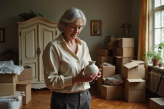Femme évaluant un vase hérité lors d'un vide-maison avant dépôt vente à Caen