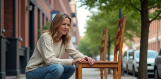Récupérer gratuitement des meubles : adresses et astuces pratiques Femme inspectant une chaise en bois vintage dans la rue