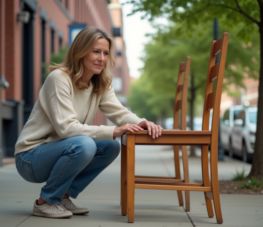 Récupérer gratuitement des meubles : adresses et astuces pratiques Femme inspectant une chaise en bois vintage dans la rue