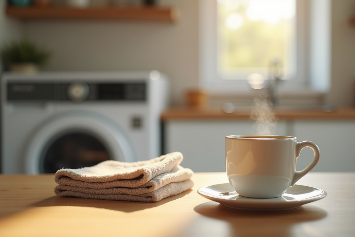Filtre de lave-linge propre sur un plan de travail en bois avec café et linge