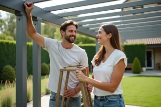 Pergola en bois offrant de l'ombre dans un jardin bordelais