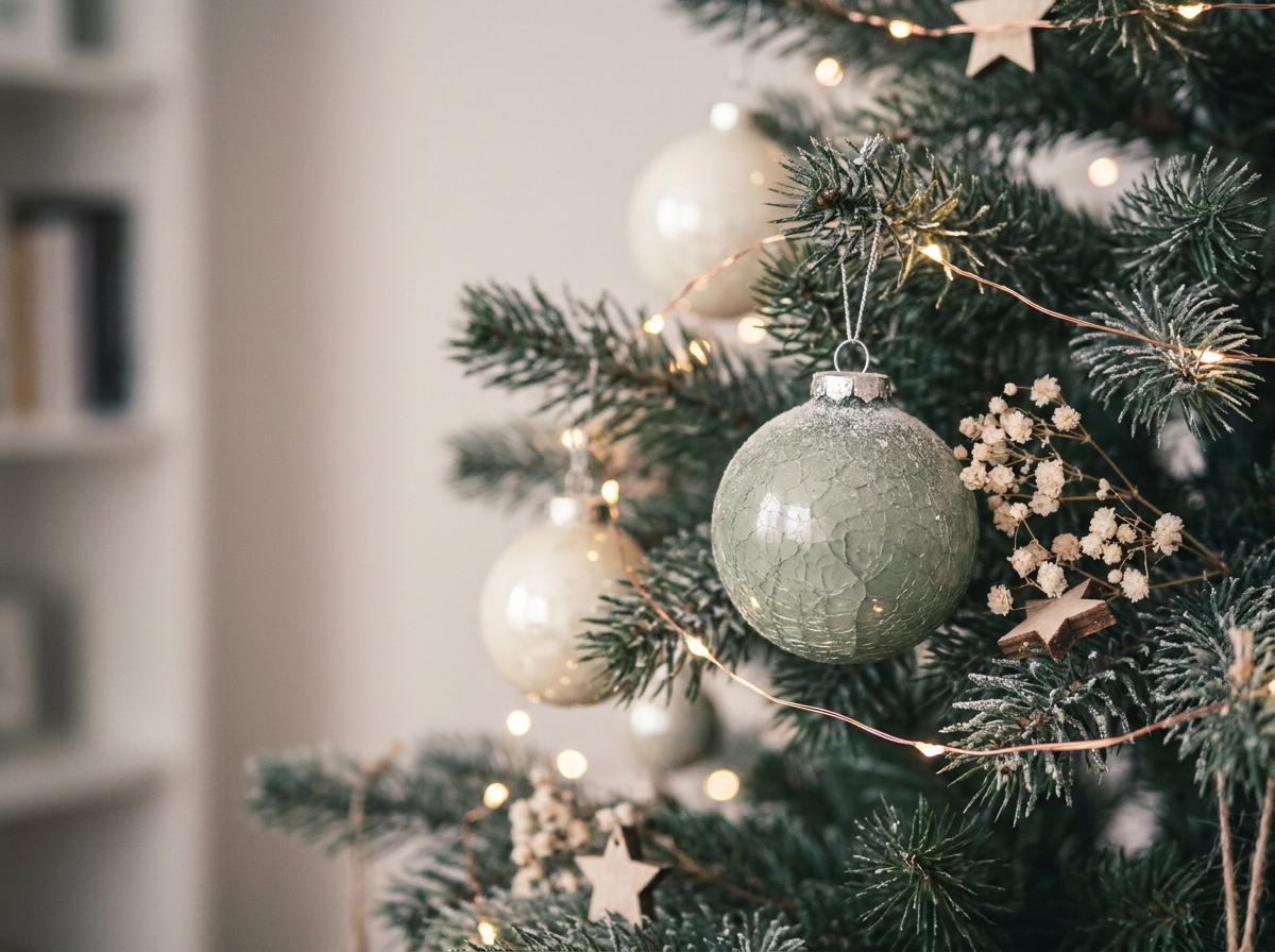 Gros plan d'une branche de sapin de Noël ornée de guirlandes LED en fil de cuivre et de boules givres