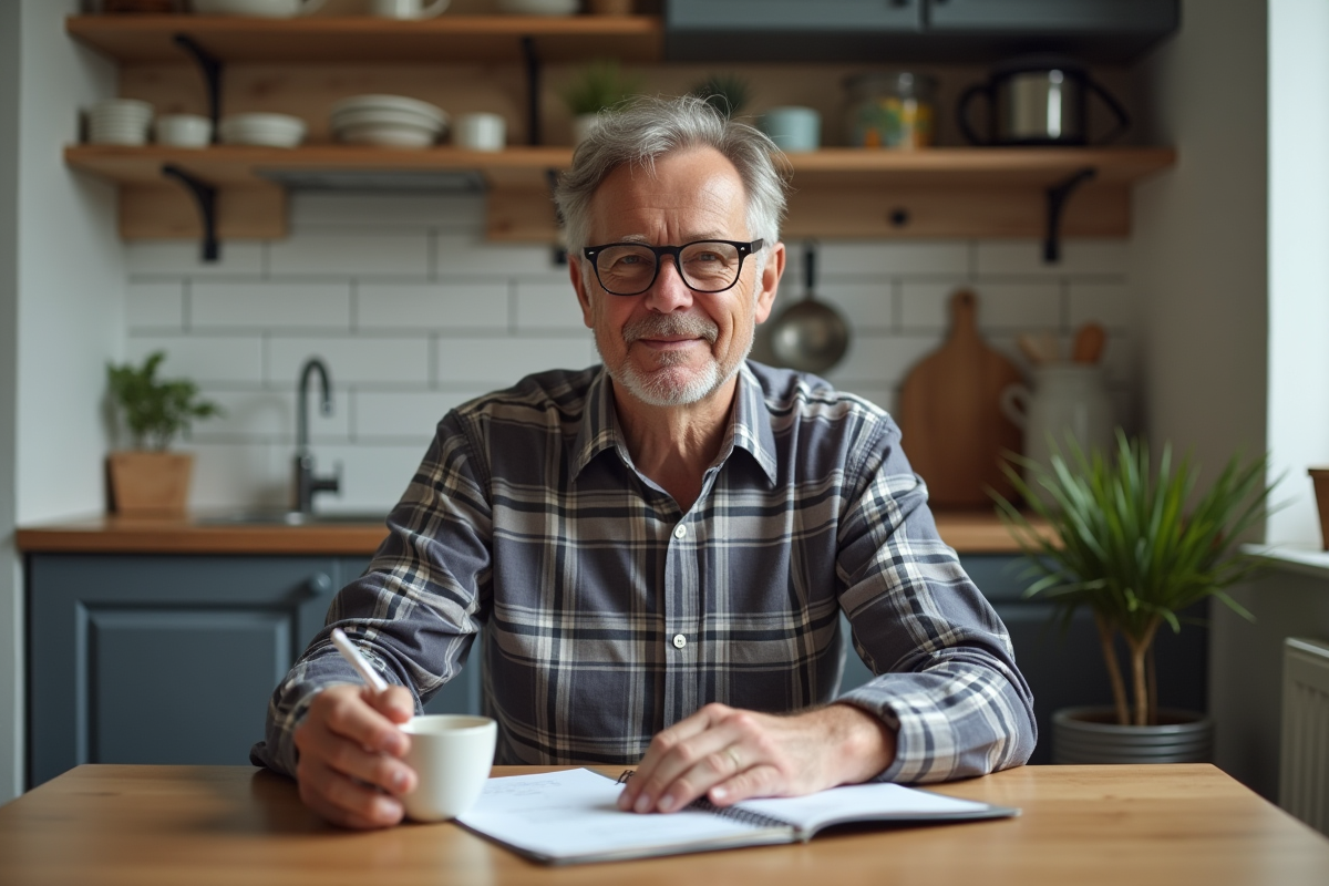 Homme calculant dépenses dans la cuisine