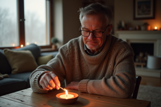 Homme d'âge moyen allume une bougie dans un chauffage en argile