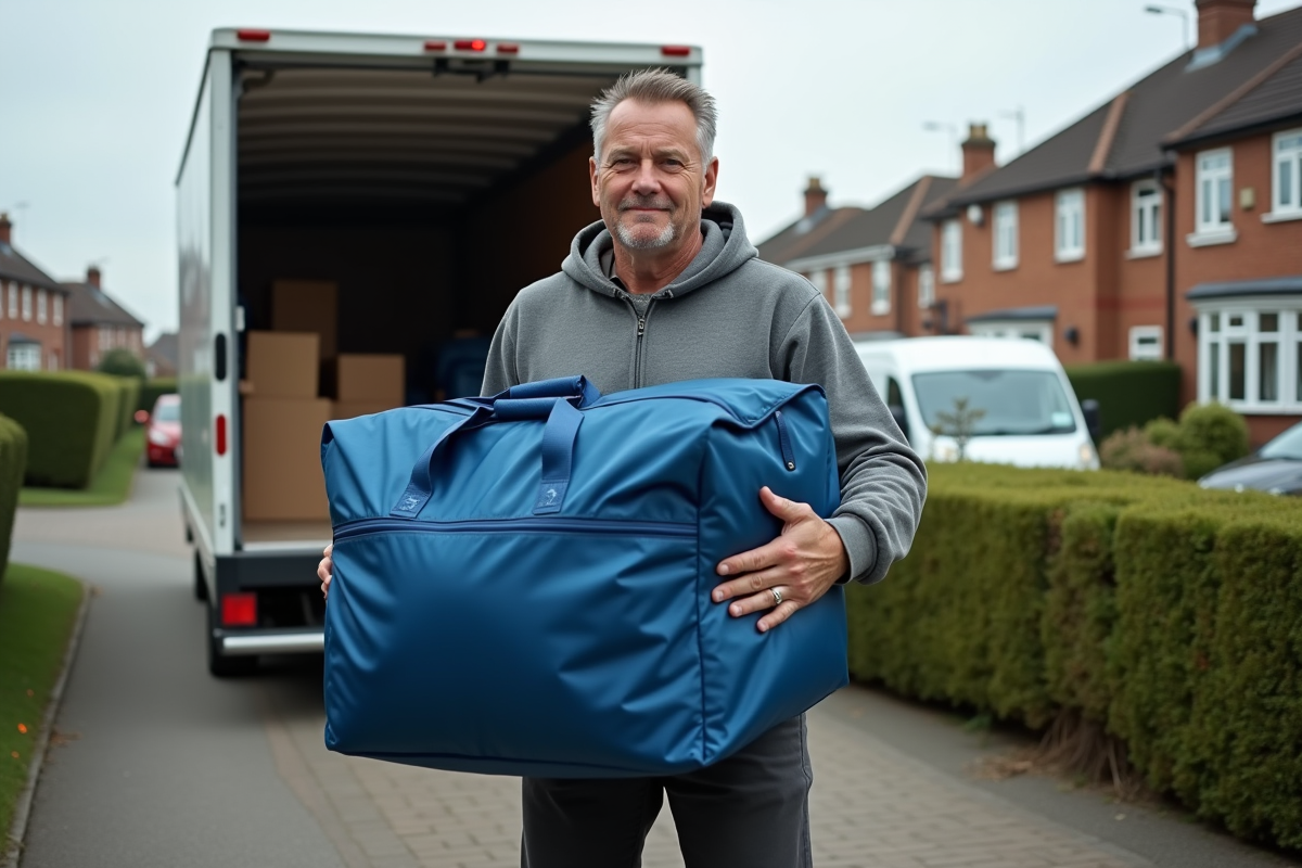 Homme portant un sac de voyage devant un camion de déménagement