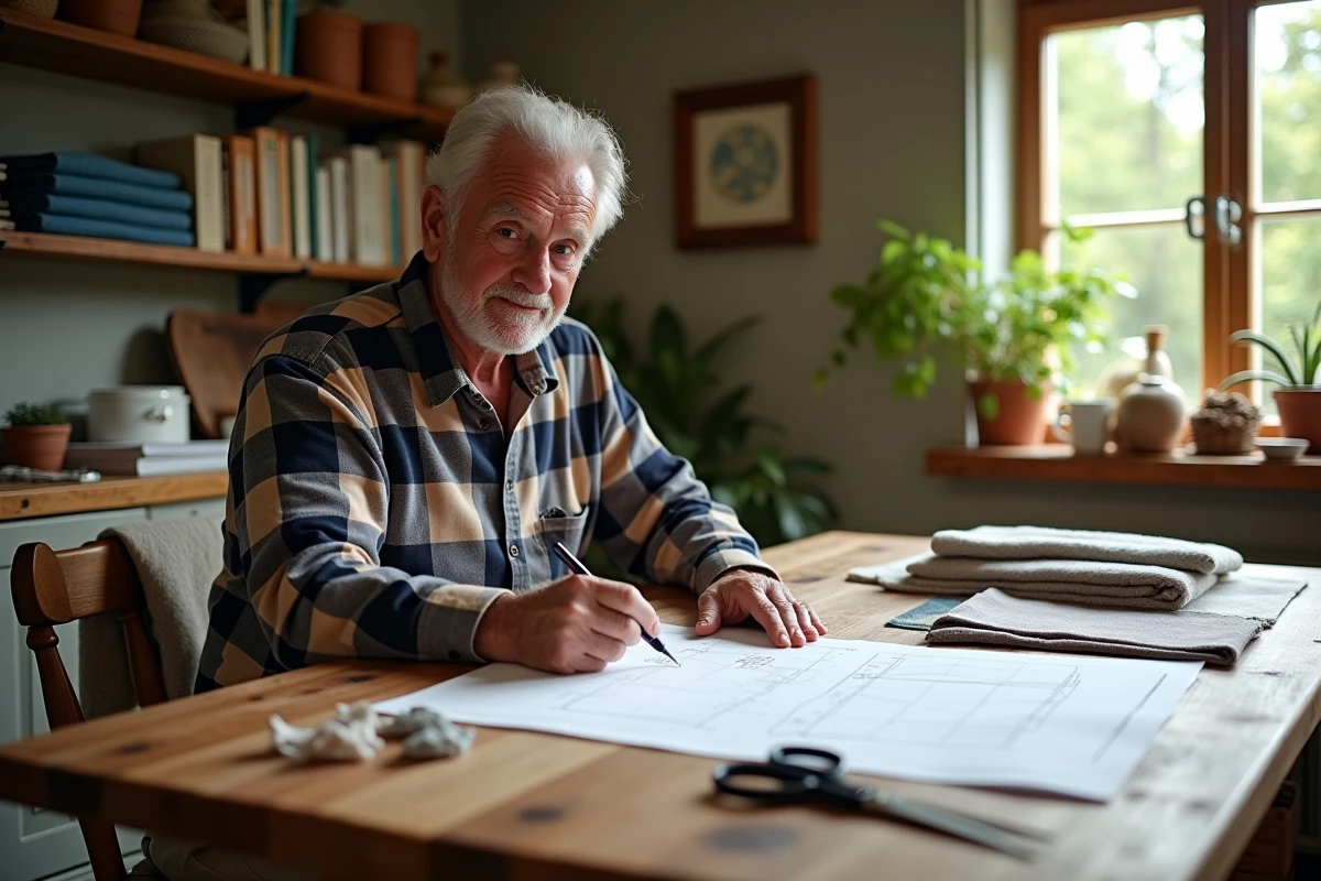 Homme dessinant les dimensions d’un coussin avec des échantillons de tissu