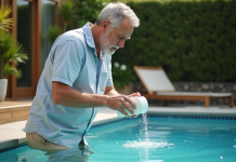 Homme en été versant un floculant naturel dans une piscine