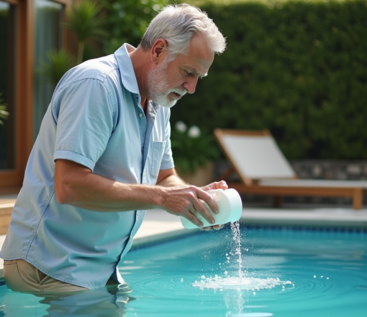 Homme en été versant un floculant naturel dans une piscine