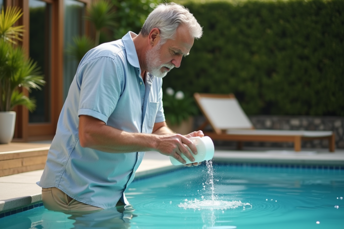 Homme en été versant un floculant naturel dans une piscine