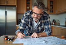 Installation électrique : Faut-il la réaliser soi-même ? Homme d'âge moyen examine un plan électrique dans une cuisine moderne