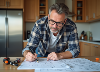 Installation électrique : Faut-il la réaliser soi-même ? Homme d'âge moyen examine un plan électrique dans une cuisine moderne