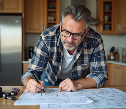 Installation électrique : Faut-il la réaliser soi-même ? Homme d'âge moyen examine un plan électrique dans une cuisine moderne