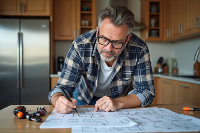 homme-ecoute-plan-electrique Homme d'âge moyen examine un plan électrique dans une cuisine moderne
