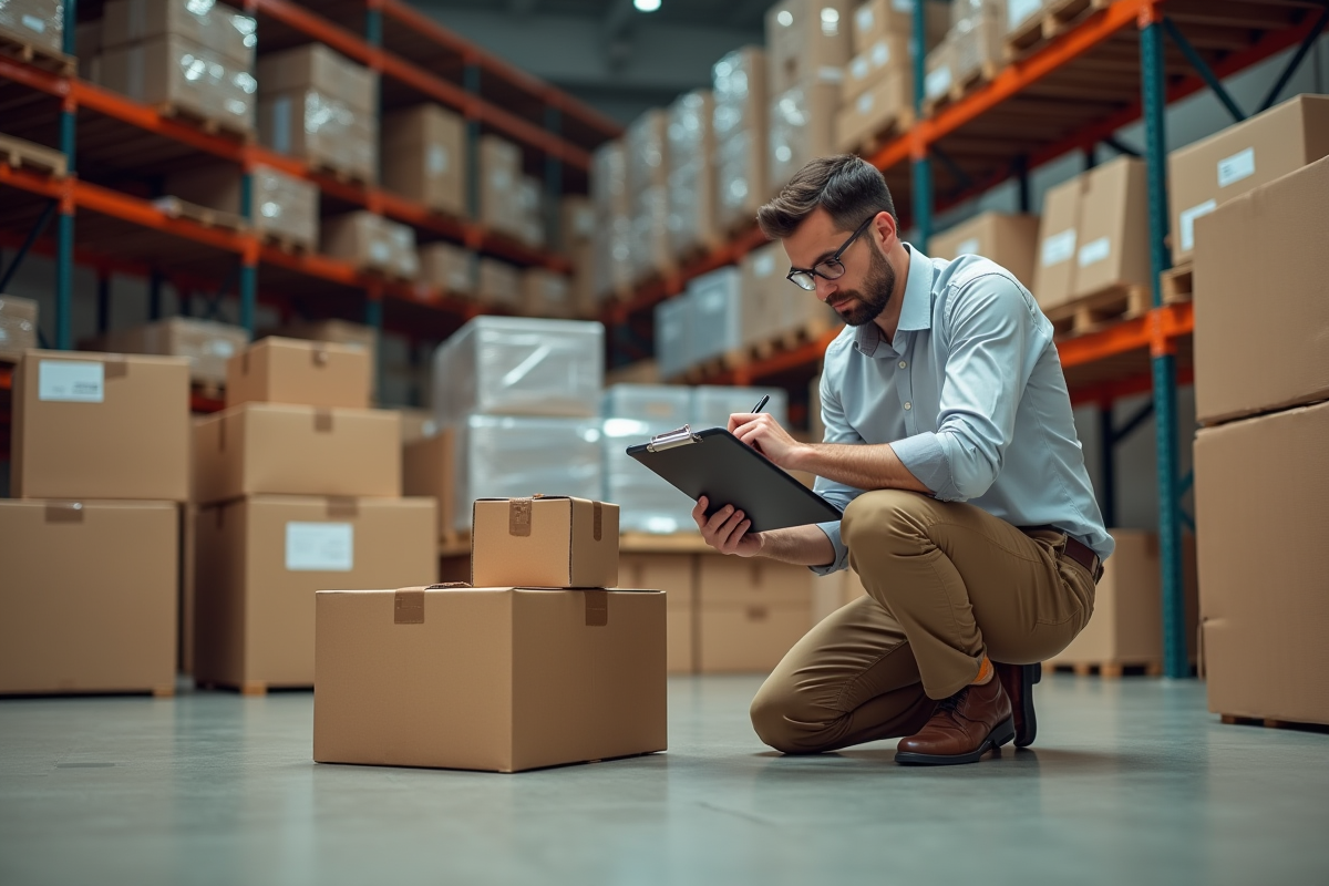 Homme contrôle des cartons dans un entrepôt organisé