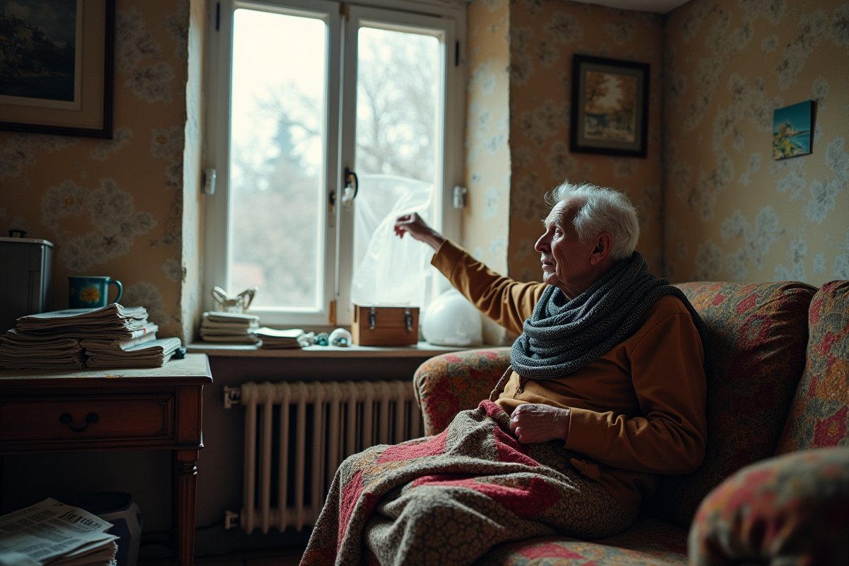 Homme âgé scotchant plastique sur la fenêtre ancienne