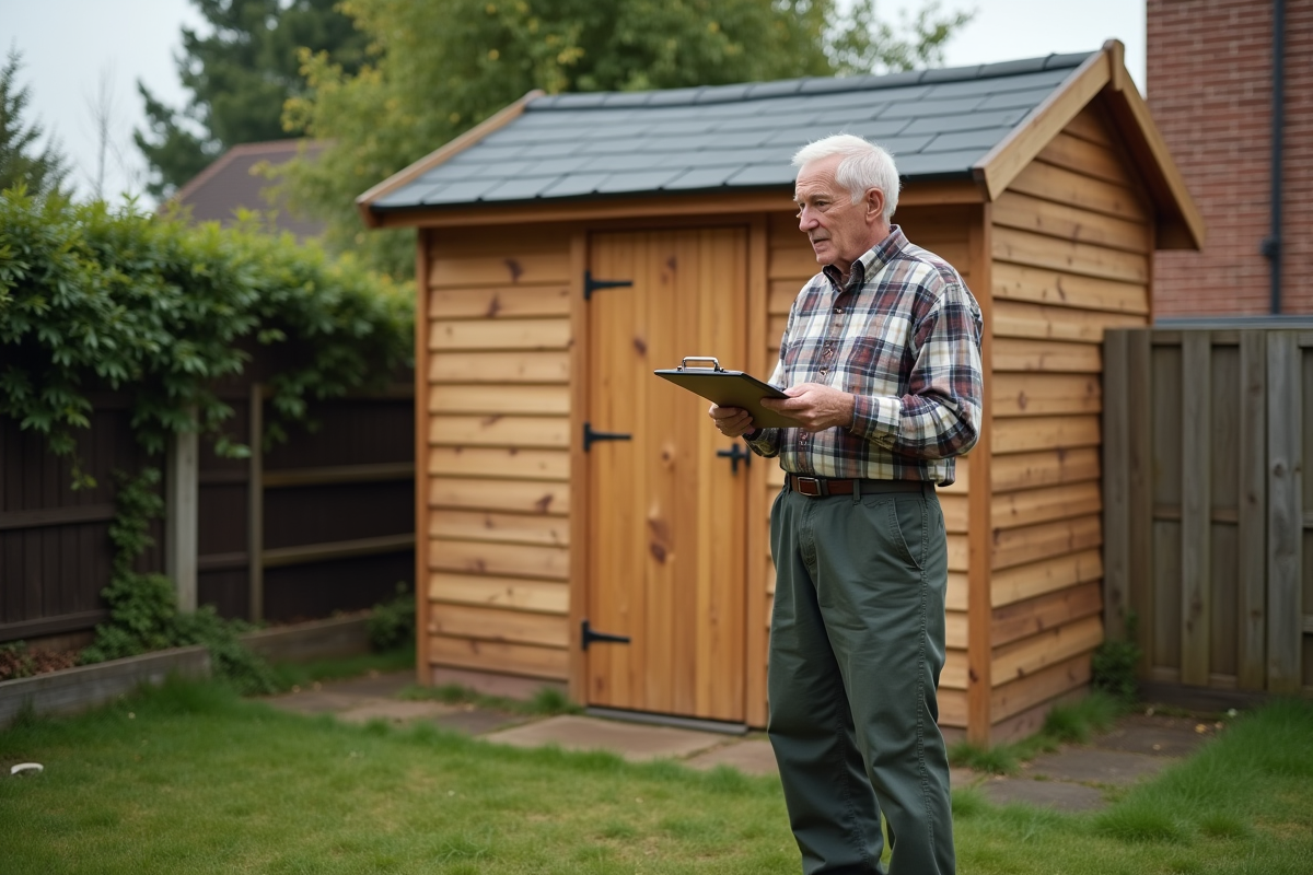 Homme âgé inspectant une cabane dans le jardin