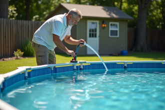 Homme d'âge moyen près d'une piscine hors sol en été