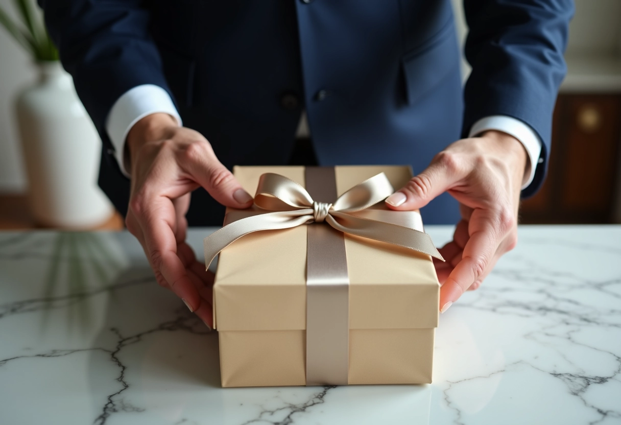 Homme âgé nouant un ruban sur un sac cadeau en intérieur