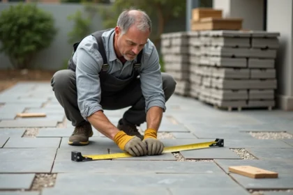 Homme en tenue de travail mesurant une terrasse extérieure