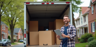 Camion de déménagement de 16 pieds : contenu et capacité de chargement à connaître Homme souriant à côté d'un camion de déménagement ouvert