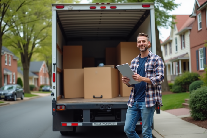 homme-montage-voiture-de-mouvement Homme souriant à côté d'un camion de déménagement ouvert