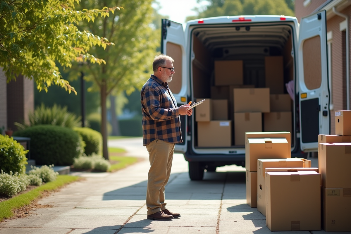 Homme note les cartons devant la camionnette de déménagement