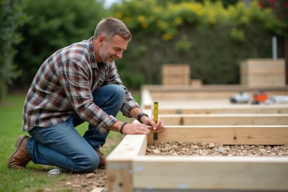 Homme en workwear mesurant une terrasse en construction