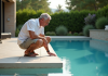 Homme d'âge moyen près d'une piscine moderne en été