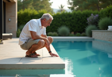 Homme d'âge moyen près d'une piscine moderne en été